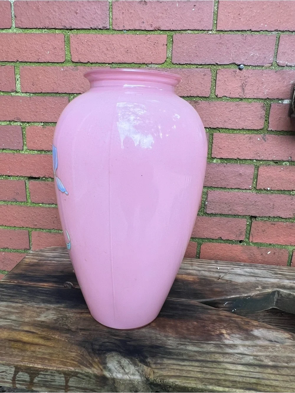 Vintage 1980s Pink Ceramic Floor Vase with Hand-Painted Art Deco Iris Design